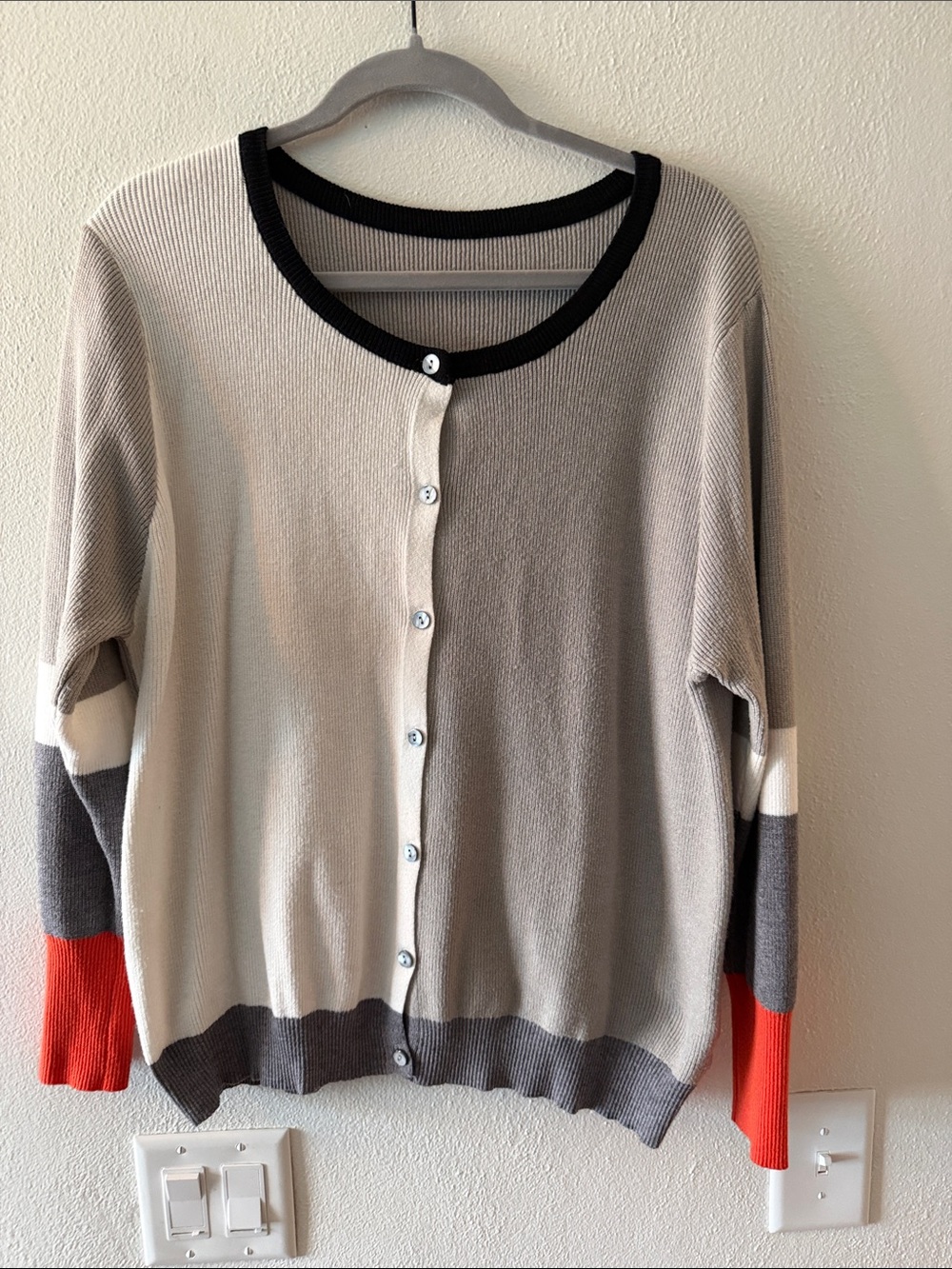 Colorblock Crewneck Cardigan Sweater - Gray with Black Trim and Red Cuffs